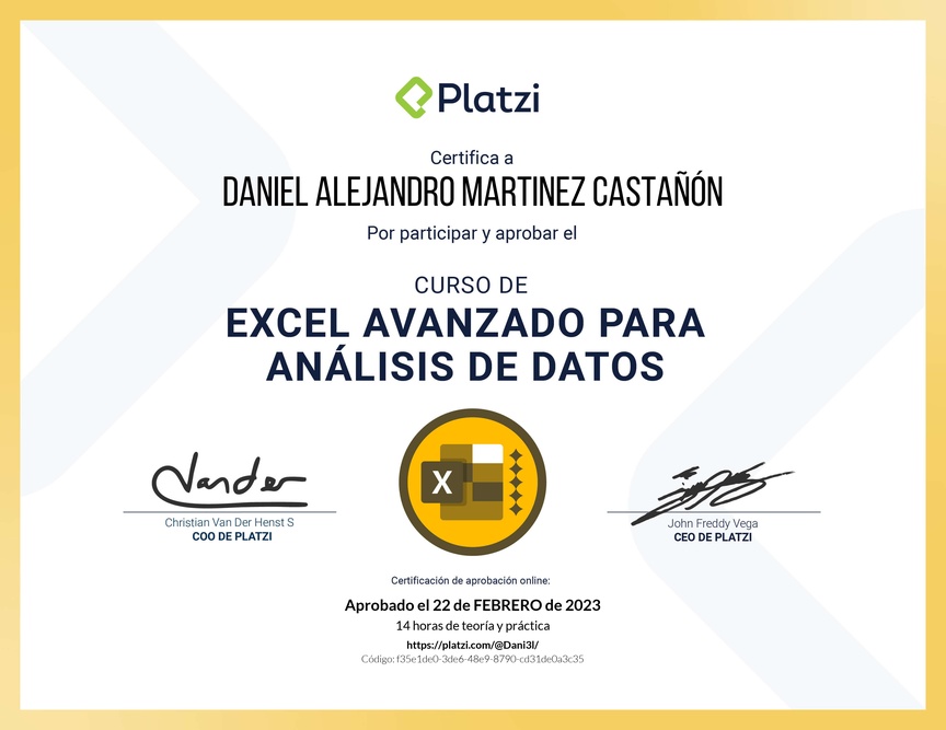 Diploma del Curso de Excel Avanzado para Análisis de Datos