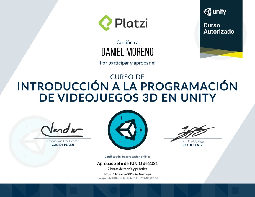 Diploma del Curso de Introducción a la Programación de Videojuegos 3D con Unity