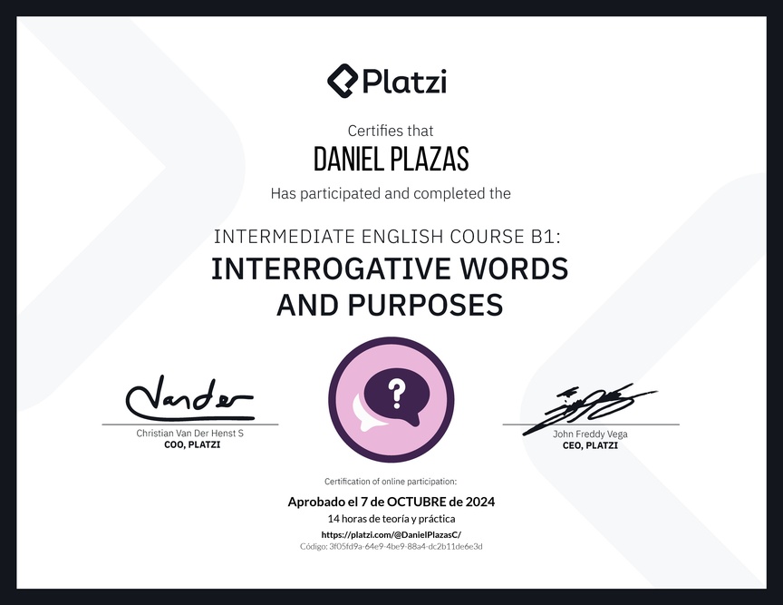 Diploma del Curso de Inglés Intermedio B1: Palabras Interrogativas y Propósitos