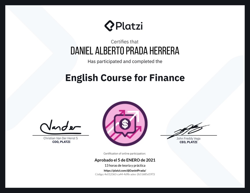 Diploma del Curso de Inglés para Finanzas (2020)