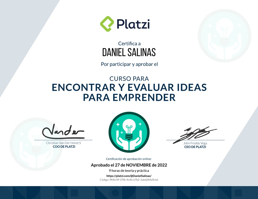 Diploma del Curso para Encontrar y Evaluar Ideas para Emprender