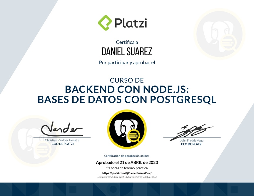 Diploma del Curso de Backend con Node.js: Base de Datos con PostgreSQL