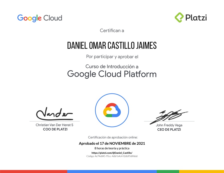 Diploma del Curso de Introducción a Google Cloud Platform