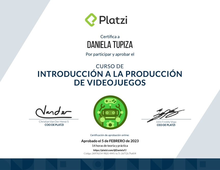 Diploma del Curso de Introducción a la Producción de Videojuegos