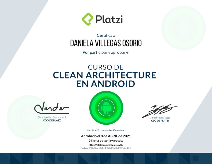 Diploma del Curso de Clean Architecture en Android