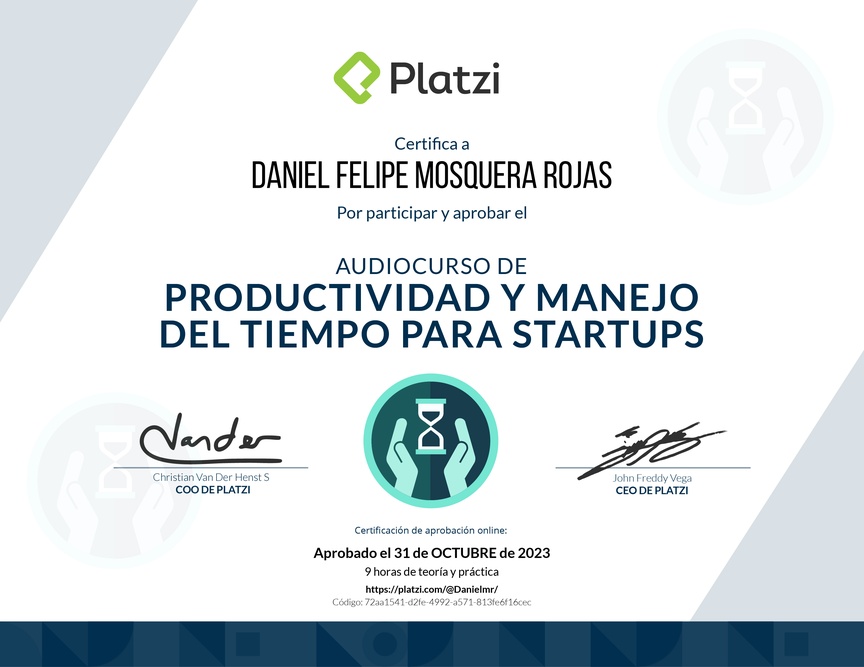 Diploma de Audiocurso de Productividad y Manejo del Tiempo para Startups