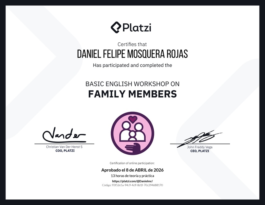 Diploma del Curso de Inglés Práctico sobre los Miembros de la Familia