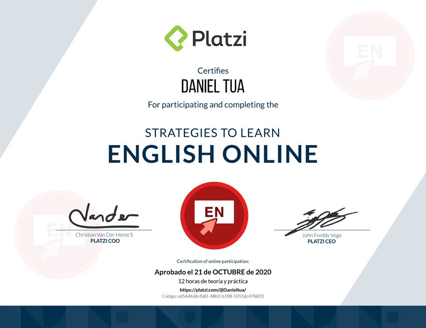 Diploma del Curso de Estrategias para Aprender Inglés Online 2020