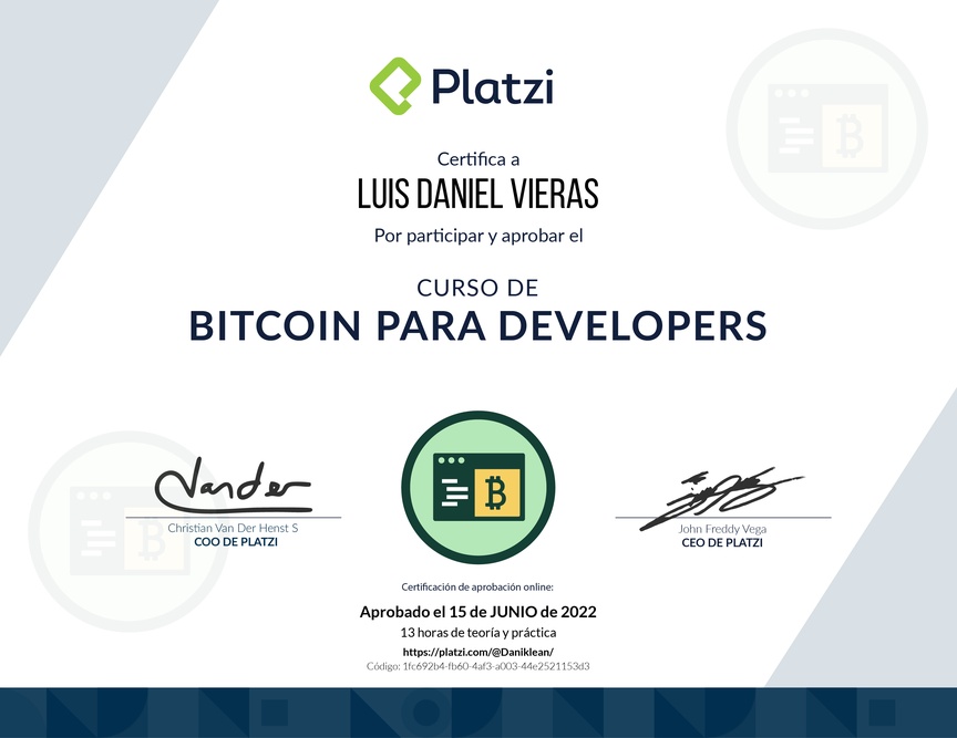 Diploma del Curso de Bitcoin para Developers