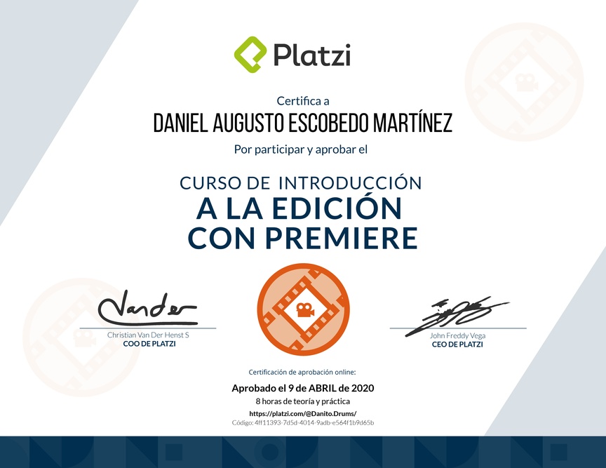 Diploma del Curso de Introducción a la Edición con Premiere 2018