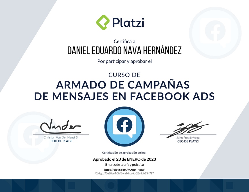 Diploma del Curso de Campañas de Mensaje en Facebook Ads
