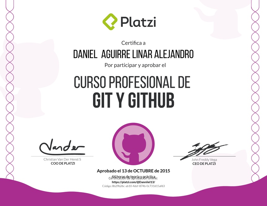 Diploma del Curso profesional de Git y GitHub 2016