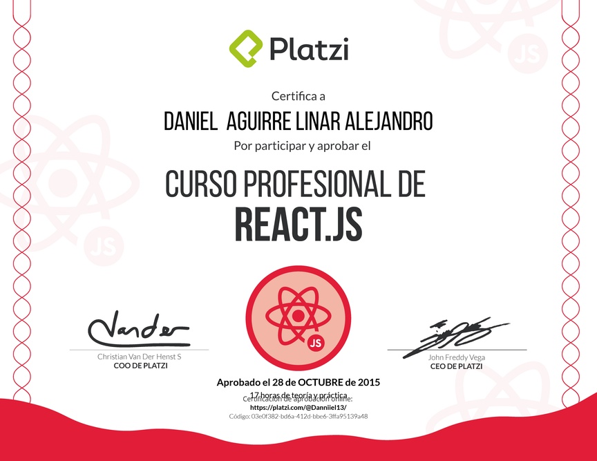 Diploma del Curso Profesional de React.js 2017