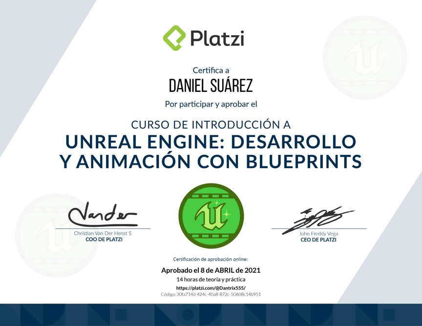 Diploma del Curso de Introducción a Unreal Engine: Desarrollo y Animación con Blueprints