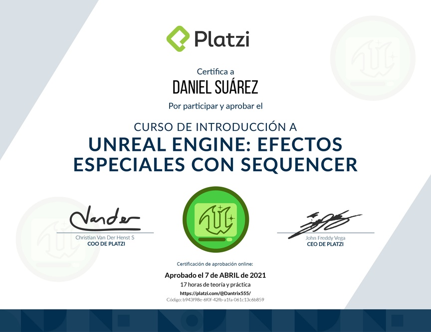 Diploma del Curso de Introducción a Unreal Engine: Efectos Especiales con Sequencer