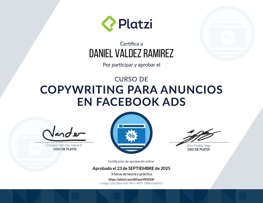 Diploma del Curso de Técnicas de Copywriting para Facebook Ads