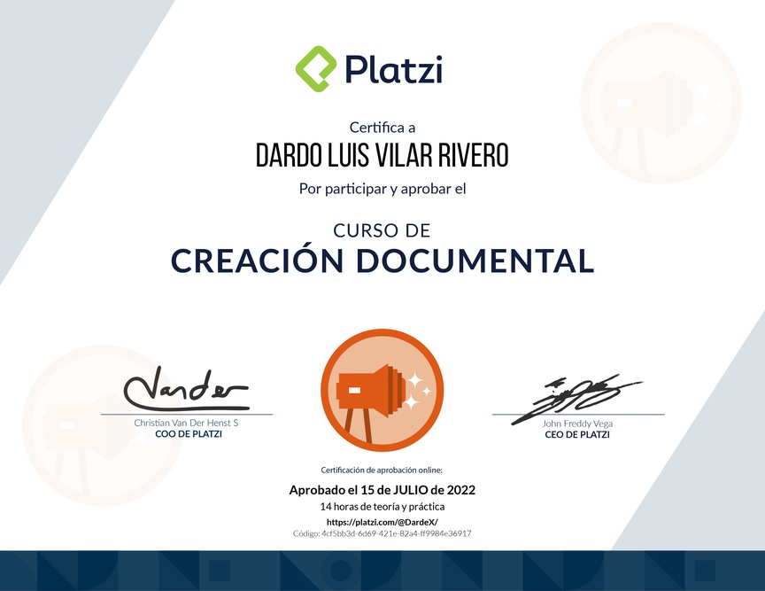 Diploma del Curso para Crear Contenido con Enfoque Documental