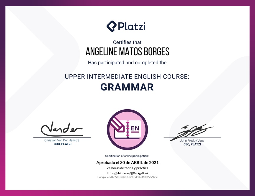 Diploma del Curso Intermedio Alto de Gramática en Inglés (2020)