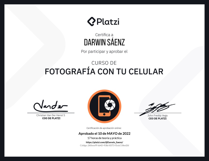Diploma del Curso de Fotografía con tu Celular