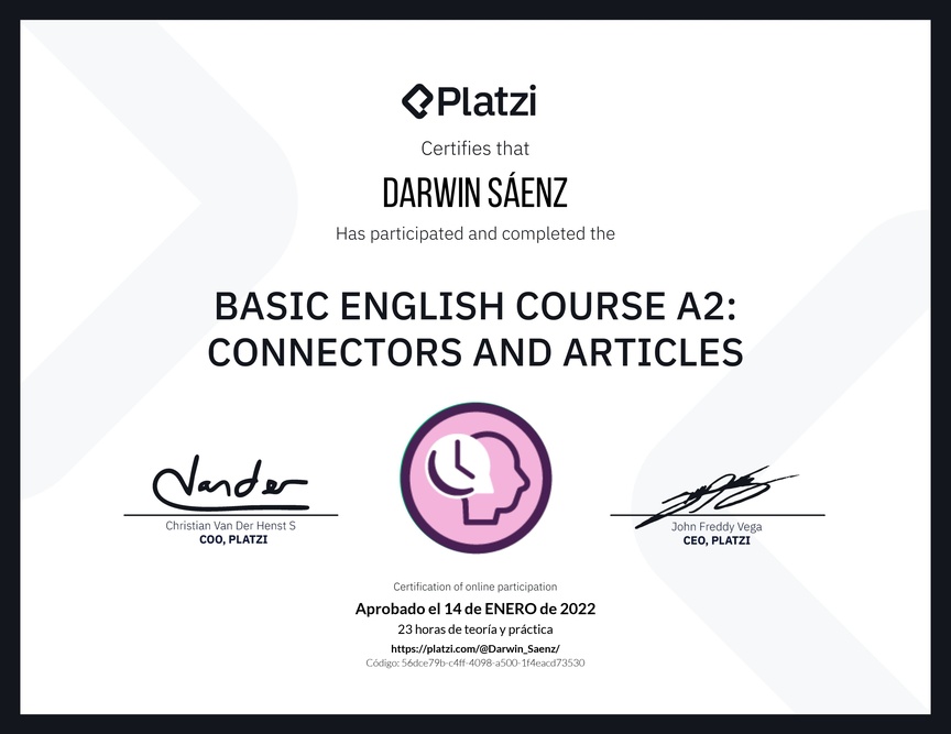 Diploma del Curso de Inglés Básico A2: Conectores y Artículos