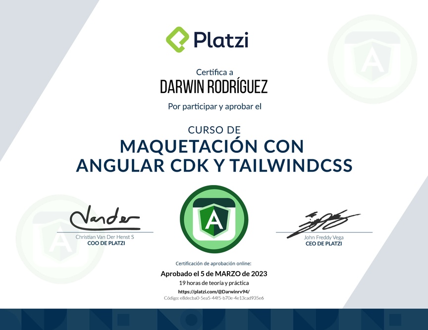 Diploma del Curso de Maquetación con Angular CDK y Tailwind CSS