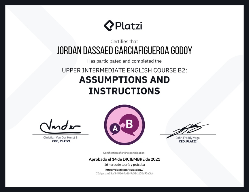 Diploma del Curso de Inglés Intermedio Alto B2: Suposiciones e Instrucciones