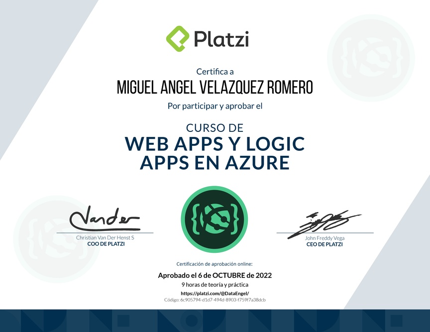 Diploma del Curso de Web Apps y Logic Apps en Azure