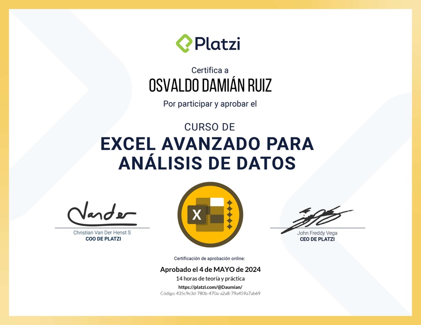 Diploma del Curso de Excel Avanzado para Análisis de Datos
