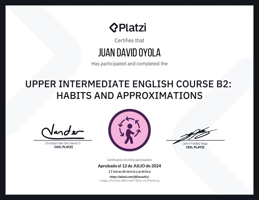 Diploma del Curso de Inglés Intermedio Alto B2: Hábitos y Aproximaciones