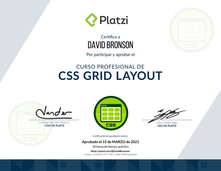 Diploma del Curso Profesional de CSS Grid Layout