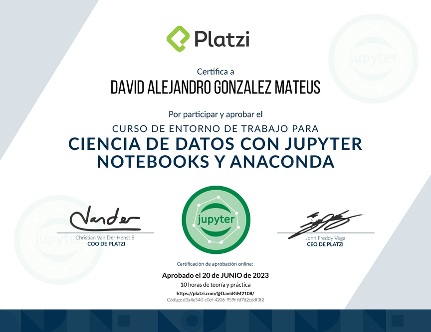 Diploma del Curso de Entorno de Trabajo para Ciencia de Datos con Jupyter Notebooks y Anaconda
