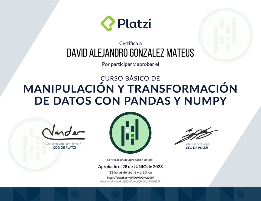 Diploma del Curso de Manipulación y Transformación de Datos con Pandas y NumPy