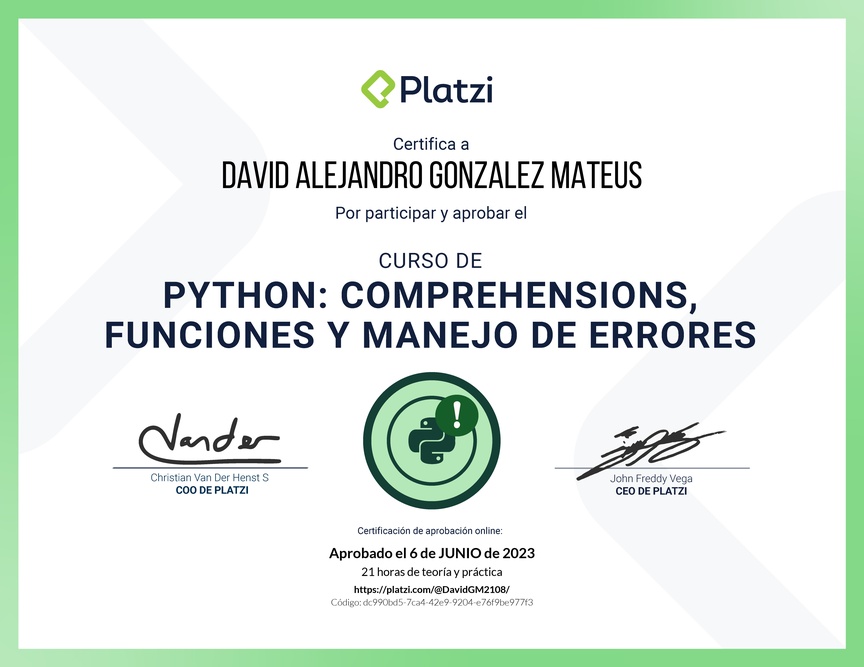 Diploma del Curso de Python: Comprehensions, Funciones y Manejo de Errores