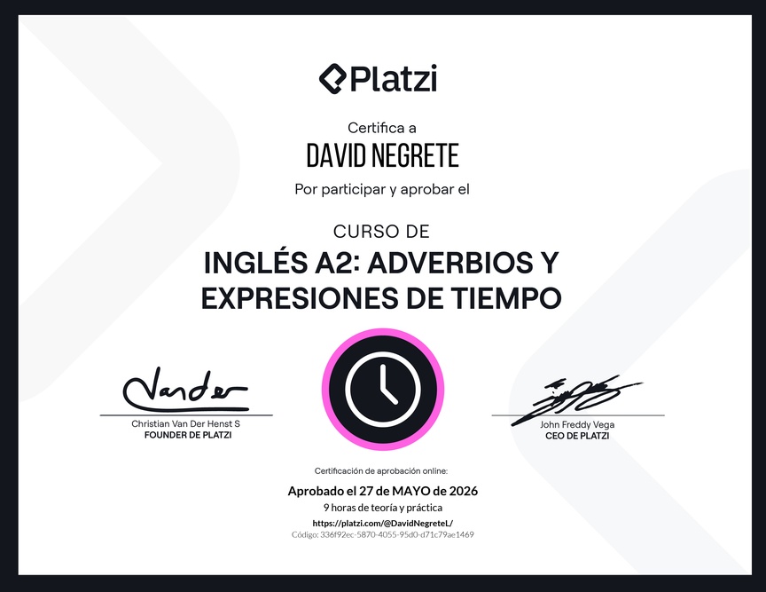 Diploma del Curso de Inglés Básico A2: Adverbios y Expresiones de Tiempo