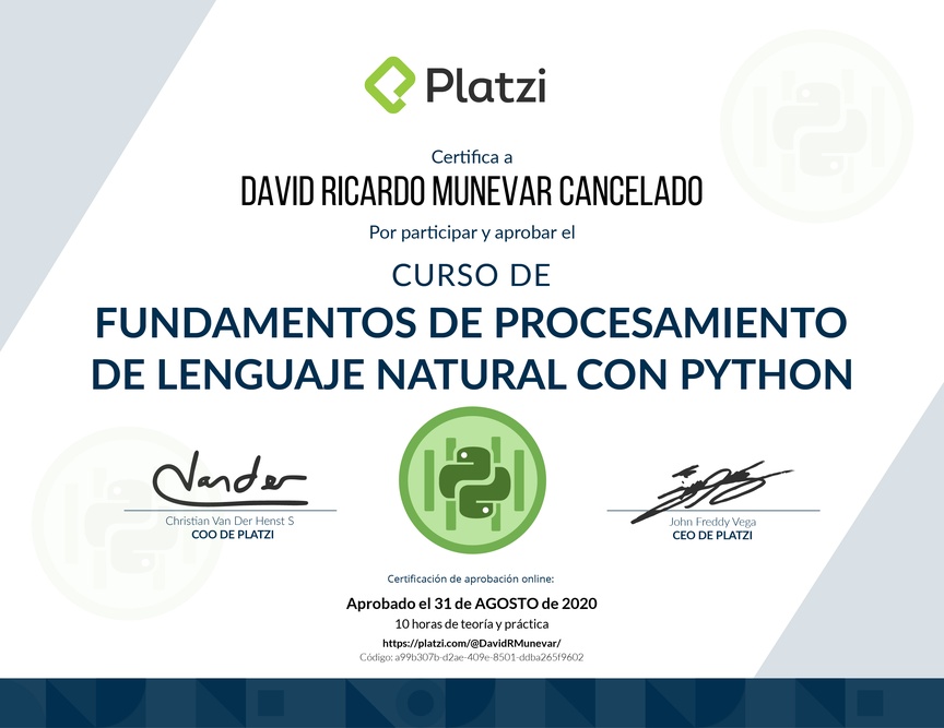 Diploma del Curso de Fundamentos de Procesamiento de Lenguaje Natural con Python y NLTK
