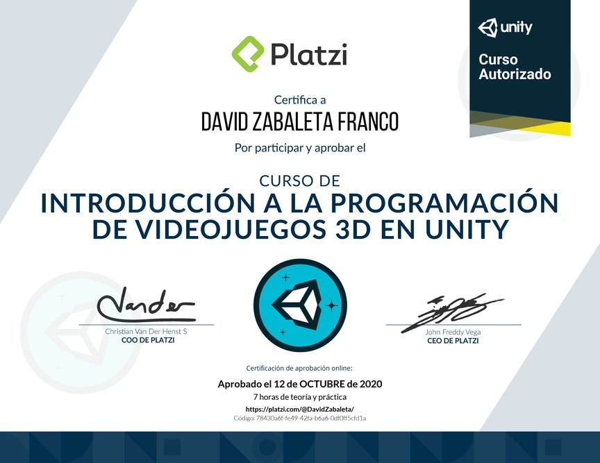 Diploma del Curso de Introducción a la Programación de Videojuegos 3D con Unity