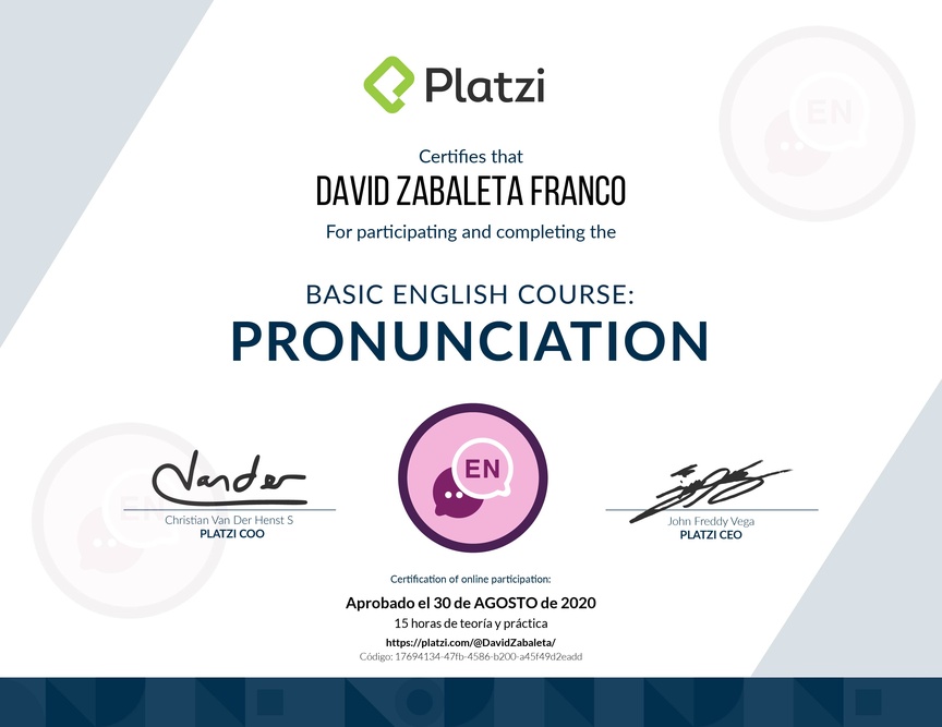 Diploma del Curso de pronunciación básica en Inglés 2020