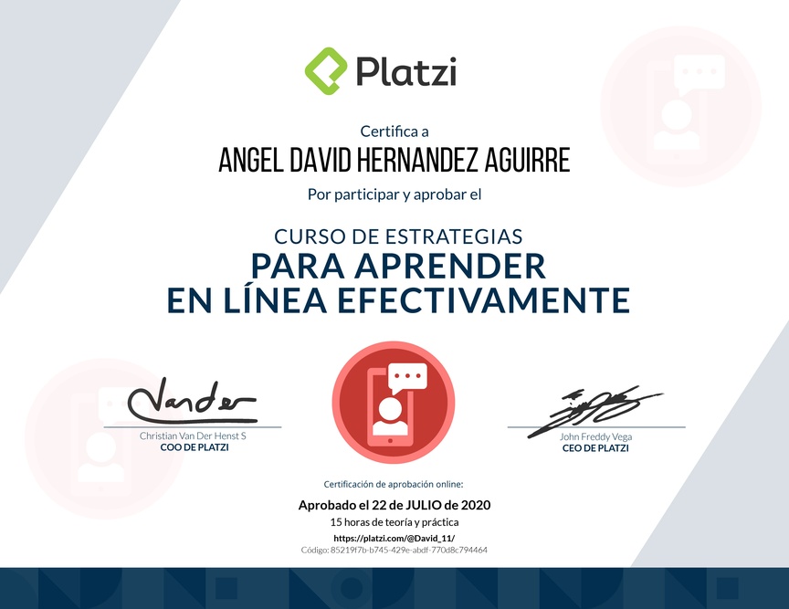 Diploma del Curso de Estrategias para Aprender en Línea Efectivamente 2019