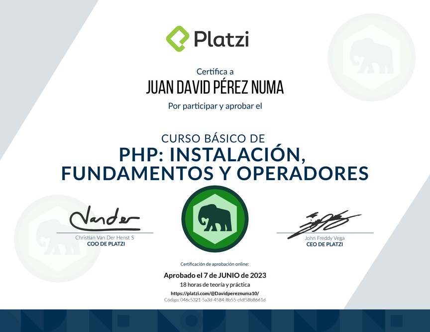 Diploma del Curso Básico de PHP: Instalación, Fundamentos y Operadores