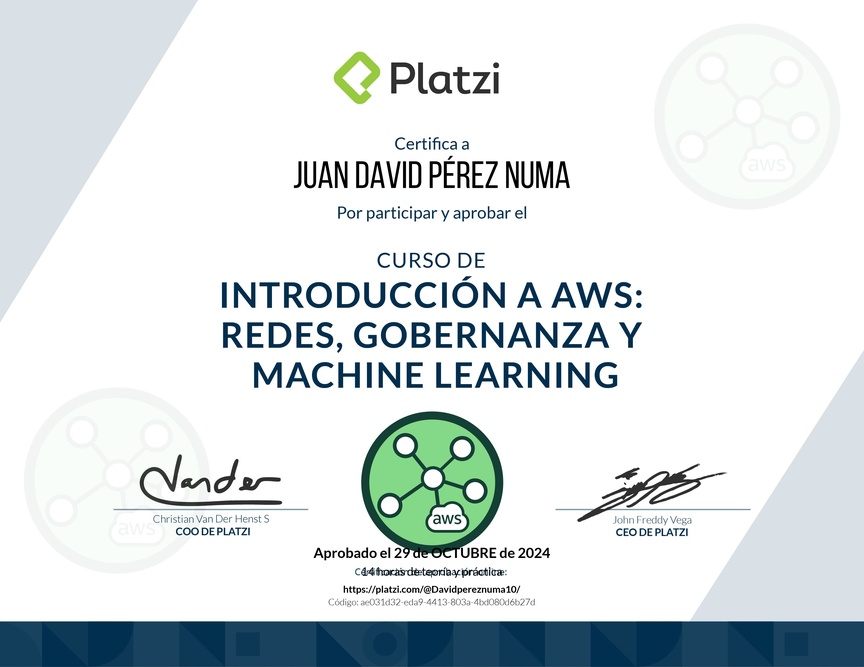 Diploma del Curso de Introducción a AWS: Redes, Gobernanza y Machine Learning