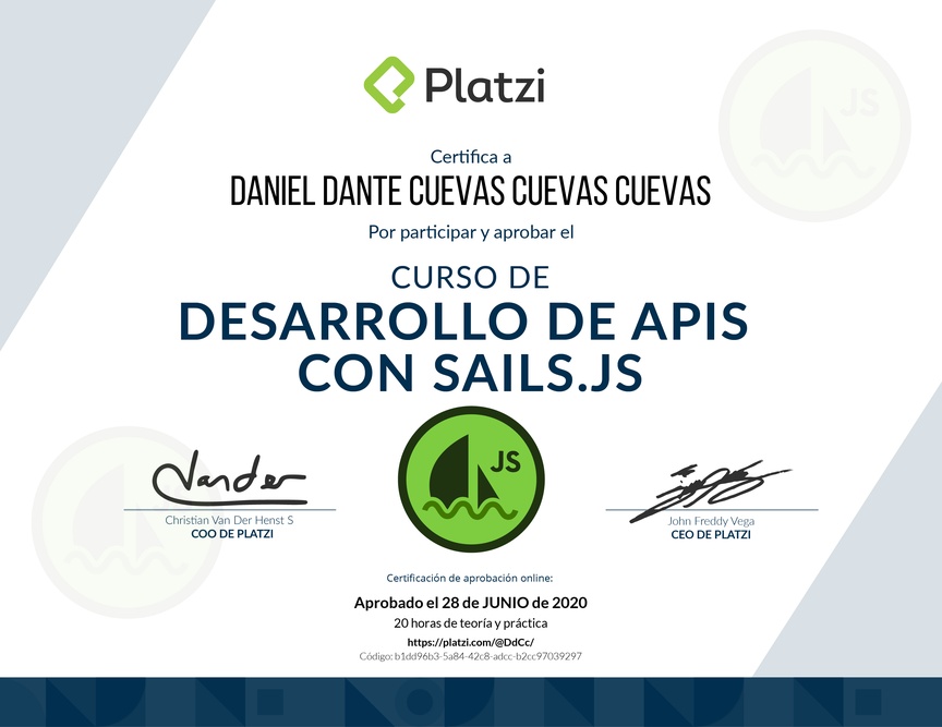 Diploma del Curso de Desarrollo de APIs con Sails.js