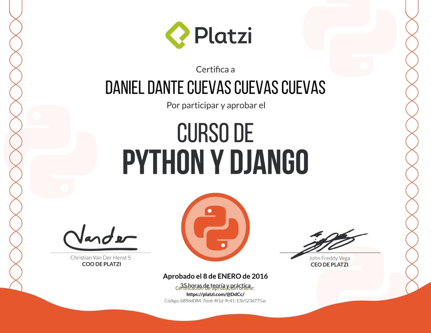 Diploma del Curso de Python y Django 2015