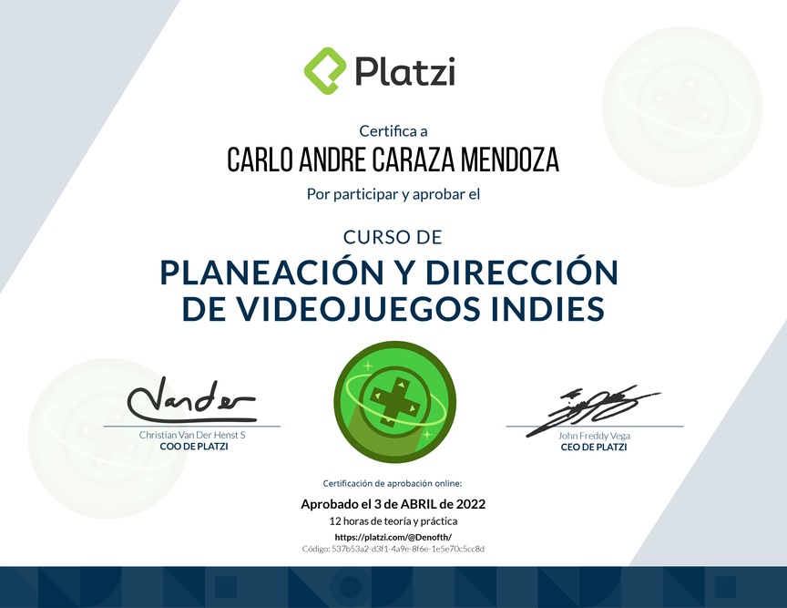 Diploma del Curso de Planeación y Dirección de Videojuegos Indies