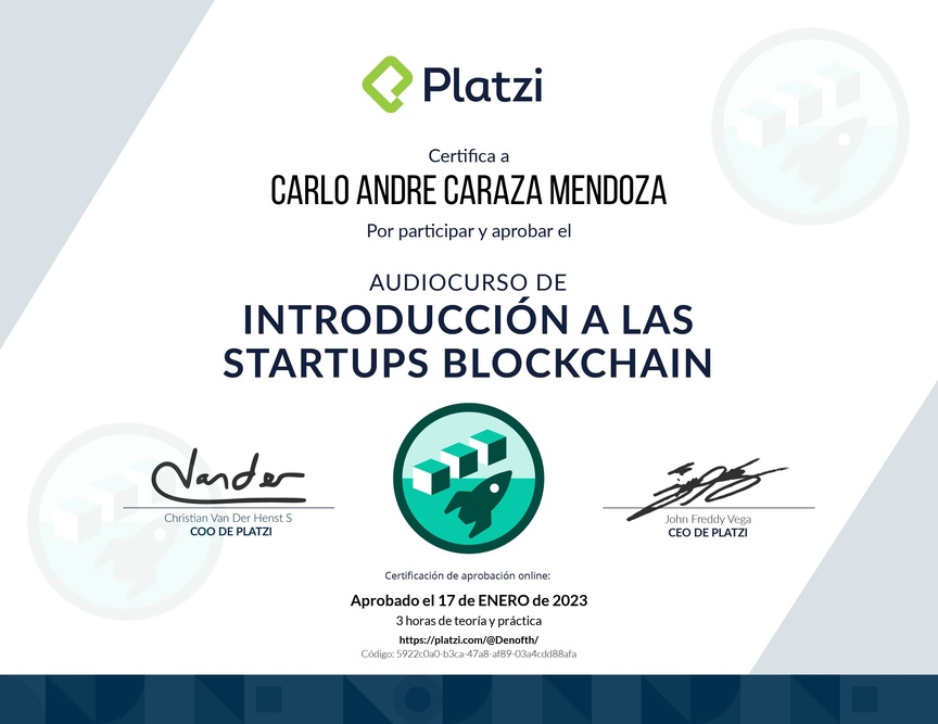 Diploma de Audiocurso de Introducción a las Startups Blockchain