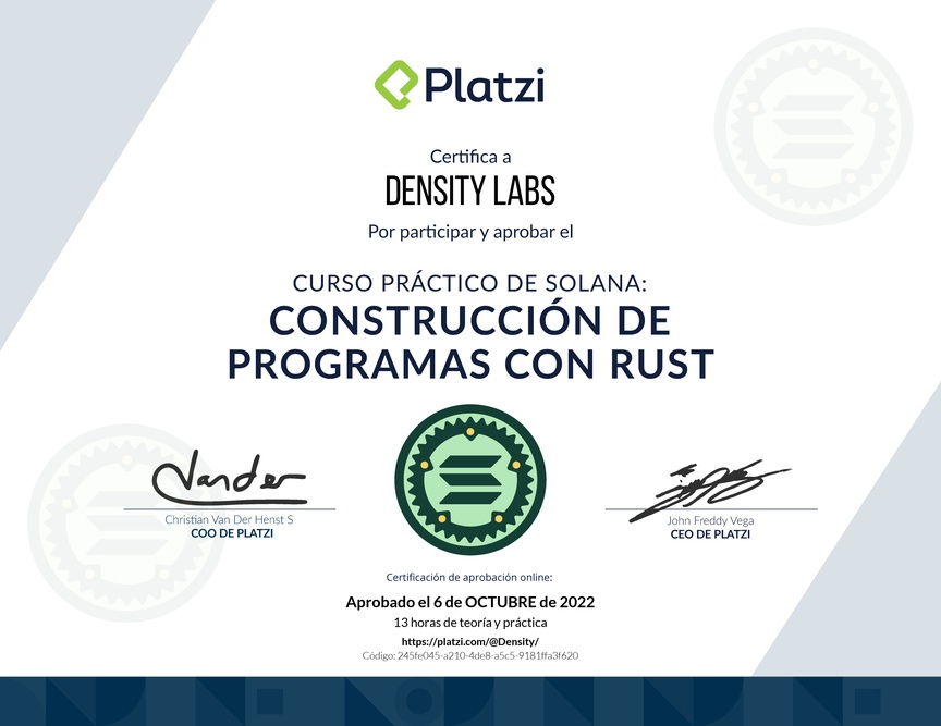 Diploma del Curso Práctico de Solana: Construcción de Programas con Rust