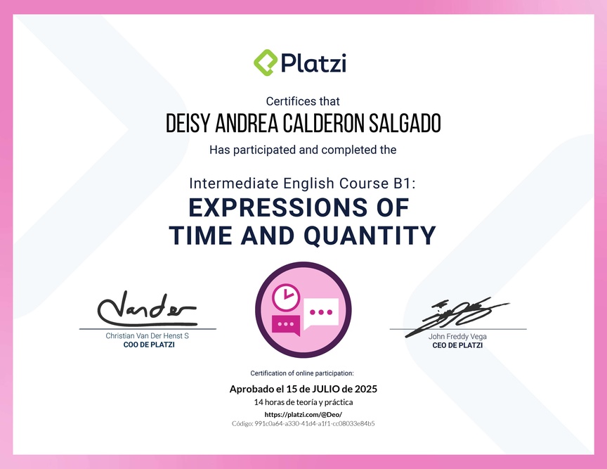 Diploma del Curso de Inglés Intermedio B1: Expresiones de Tiempo y Cantidad