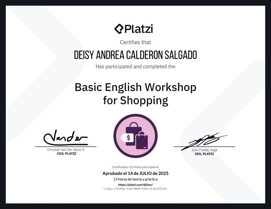 Diploma del Curso de Inglés Práctico para Compras