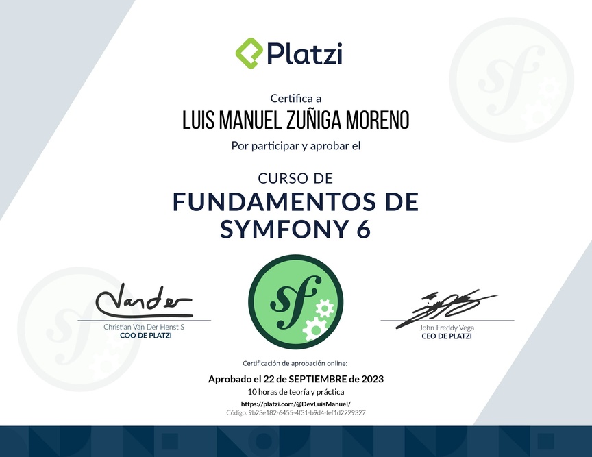 Diploma del Curso de Fundamentos de Symfony 6