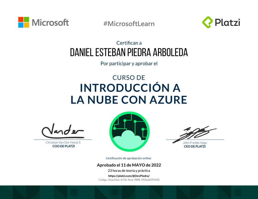 Diploma del Curso de Introducción a la Nube con Azure
