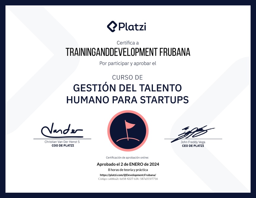 Diploma del Curso de Gestión del Talento Humano para Startups